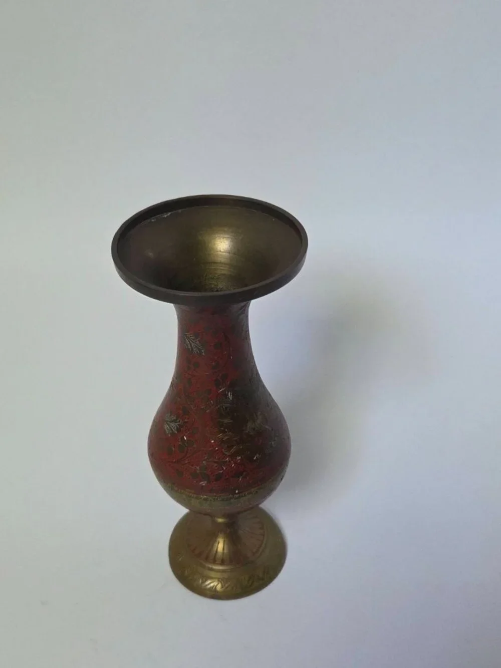Vintage Enameled Brass Peacock Vase Made in India Hand Etched Red Pedestal Bud